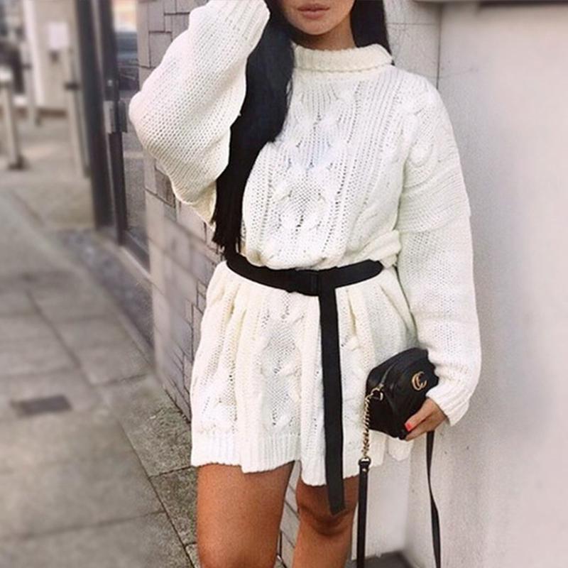 A-line turtleneck white sweater dress with long sleeves, perfect for winter fashion.