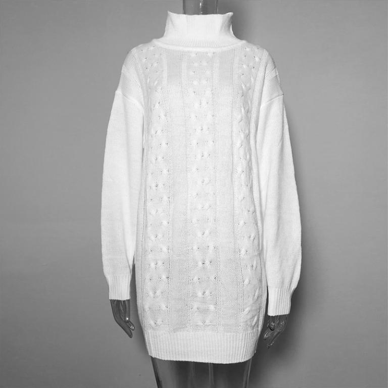 A-line turtleneck white sweater dress with long sleeves, perfect for winter fashion.