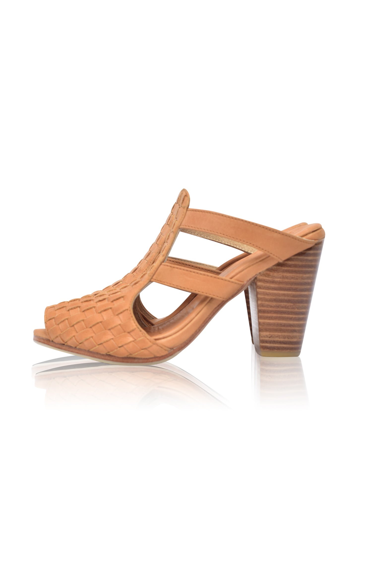 Amane Woven Mules Heels showcasing intricate woven design and chunky wooden heel, perfect for stylish outings.