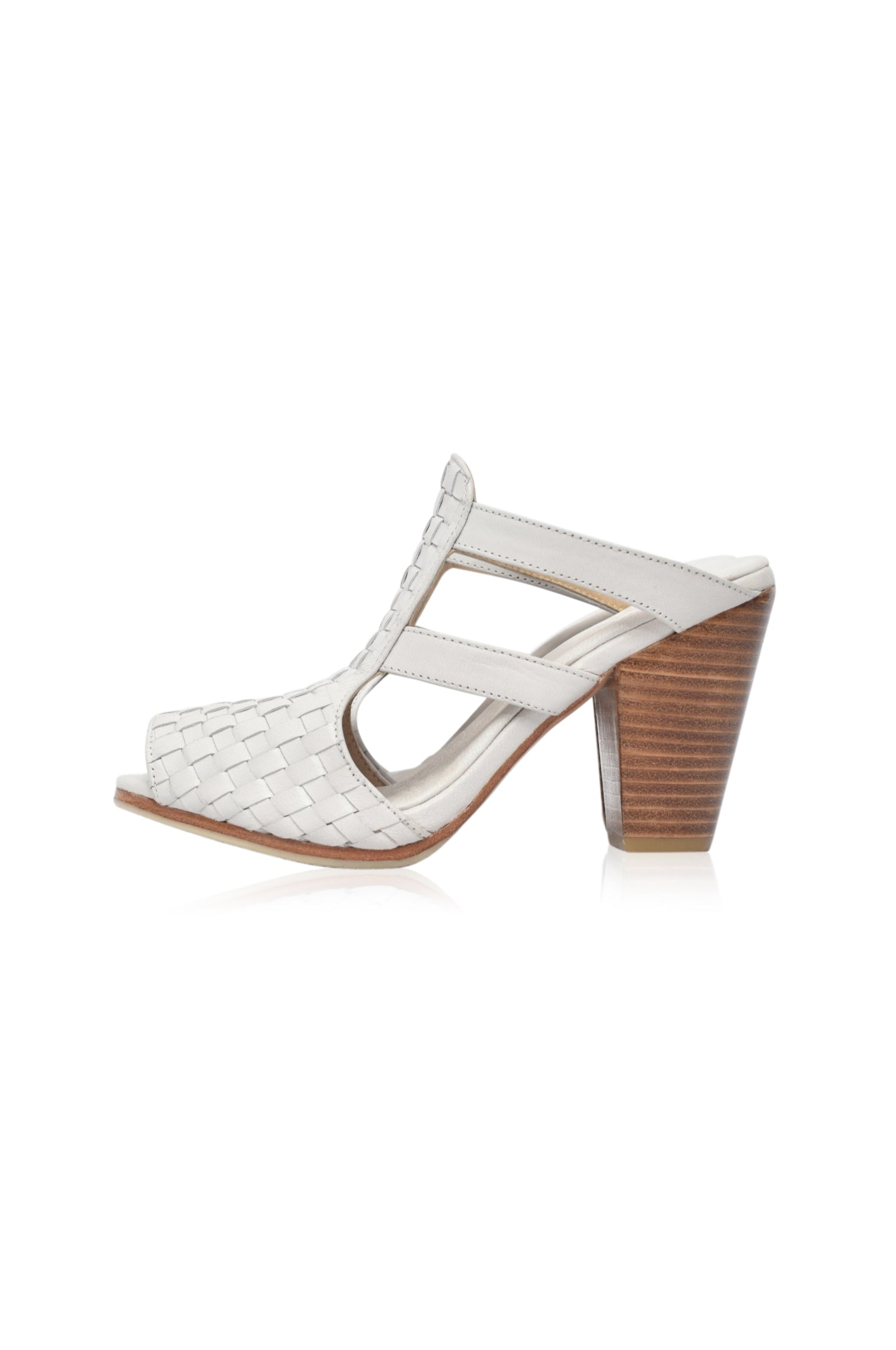 Amane Woven Mules Heels showcasing intricate woven design and chunky wooden heel, perfect for stylish outings.