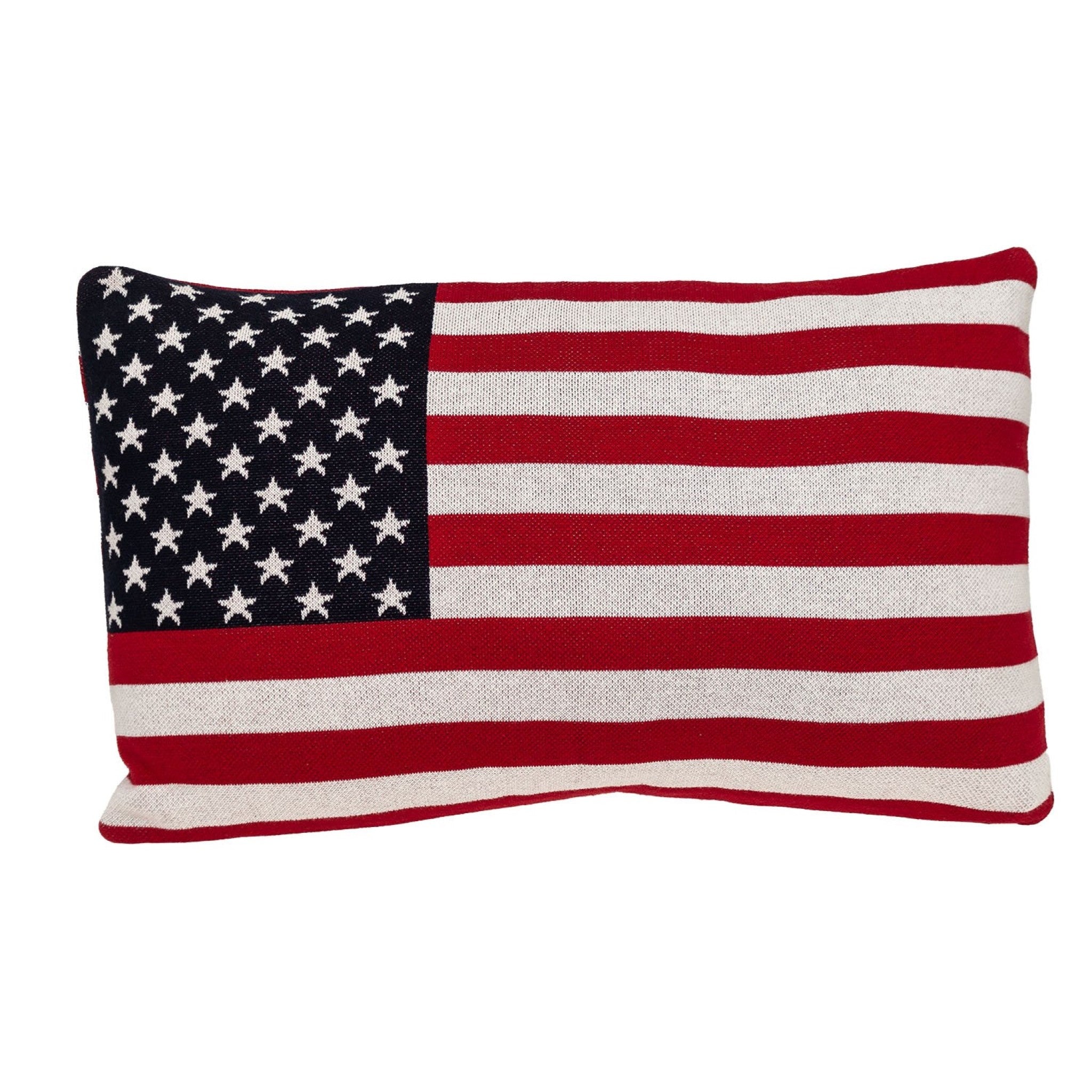 American Flag Lumbar Throw Pillow featuring a denim blue background with red and white stripes, perfect for home decor.