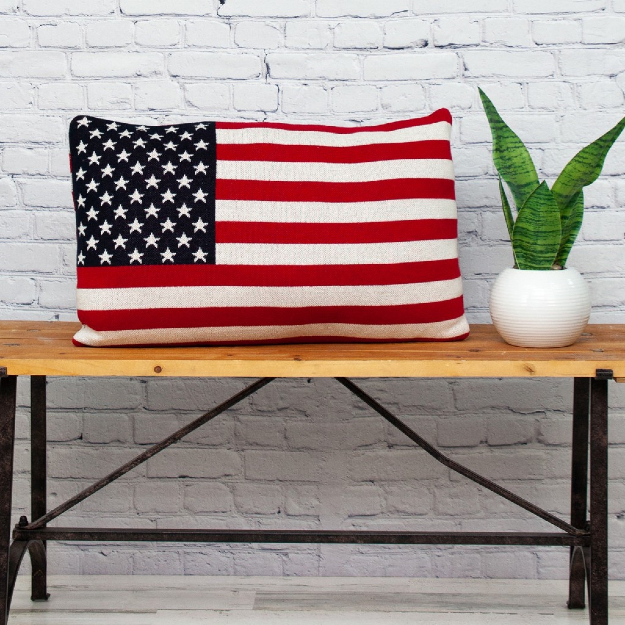 American Flag Lumbar Throw Pillow featuring a denim blue background with red and white stripes, perfect for home decor.