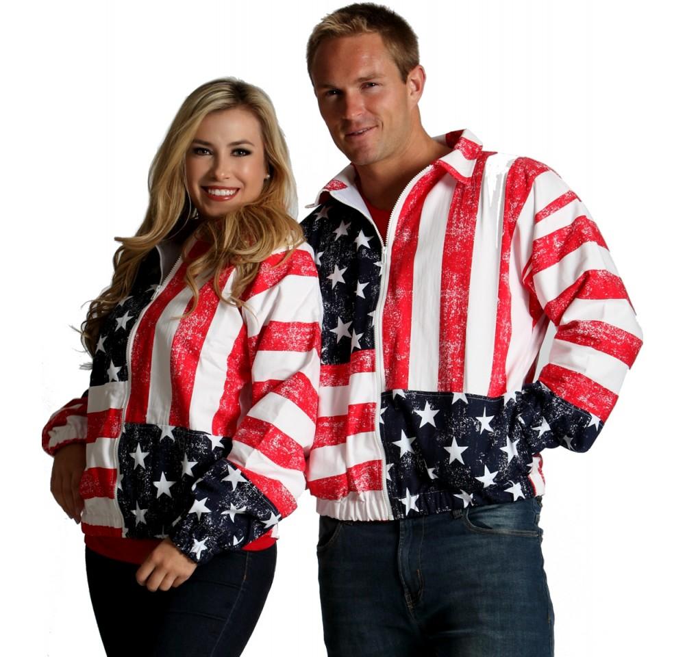 American Flag Print Unisex Zip-Up Jacket featuring stars and stripes design, full zipper, and elastic cuffs.