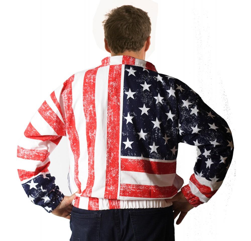 American Flag Print Unisex Zip-Up Jacket featuring stars and stripes design, full zipper, and elastic cuffs.