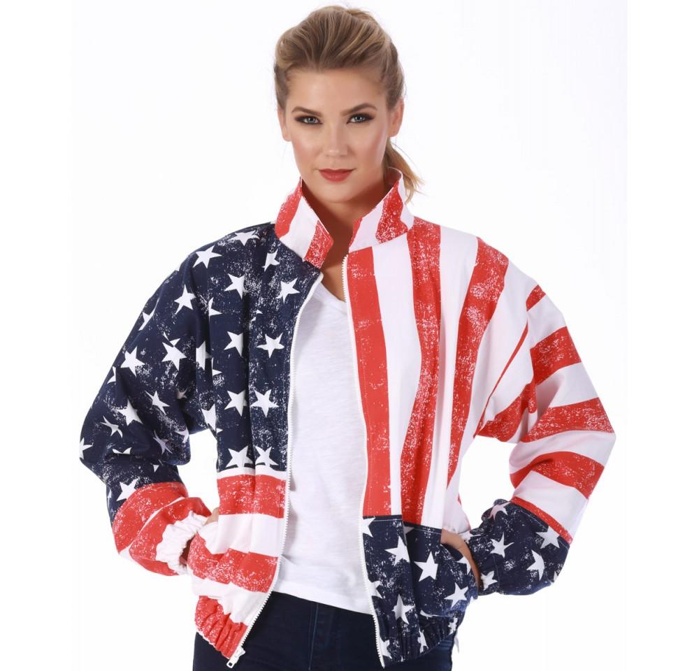 American Flag Print Unisex Zip-Up Jacket featuring stars and stripes design, full zipper, and elastic cuffs.