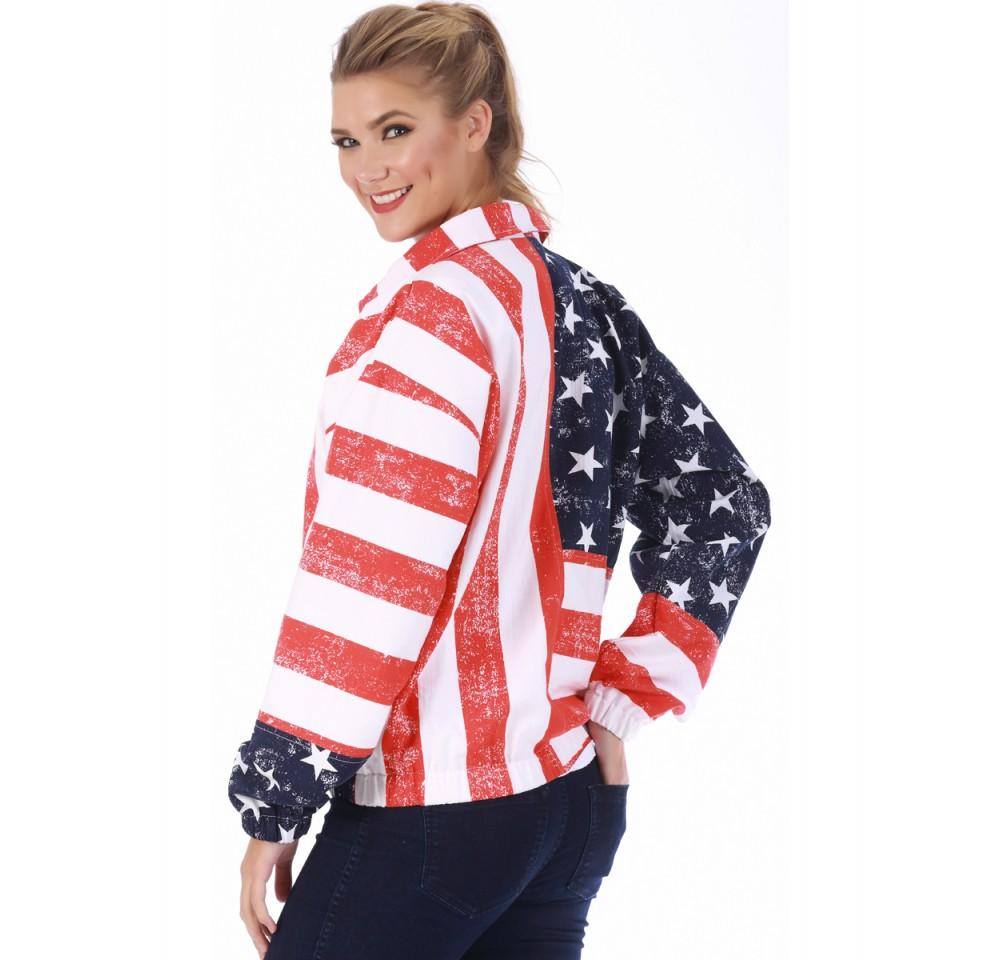 American Flag Print Unisex Zip-Up Jacket featuring stars and stripes design, full zipper, and elastic cuffs.