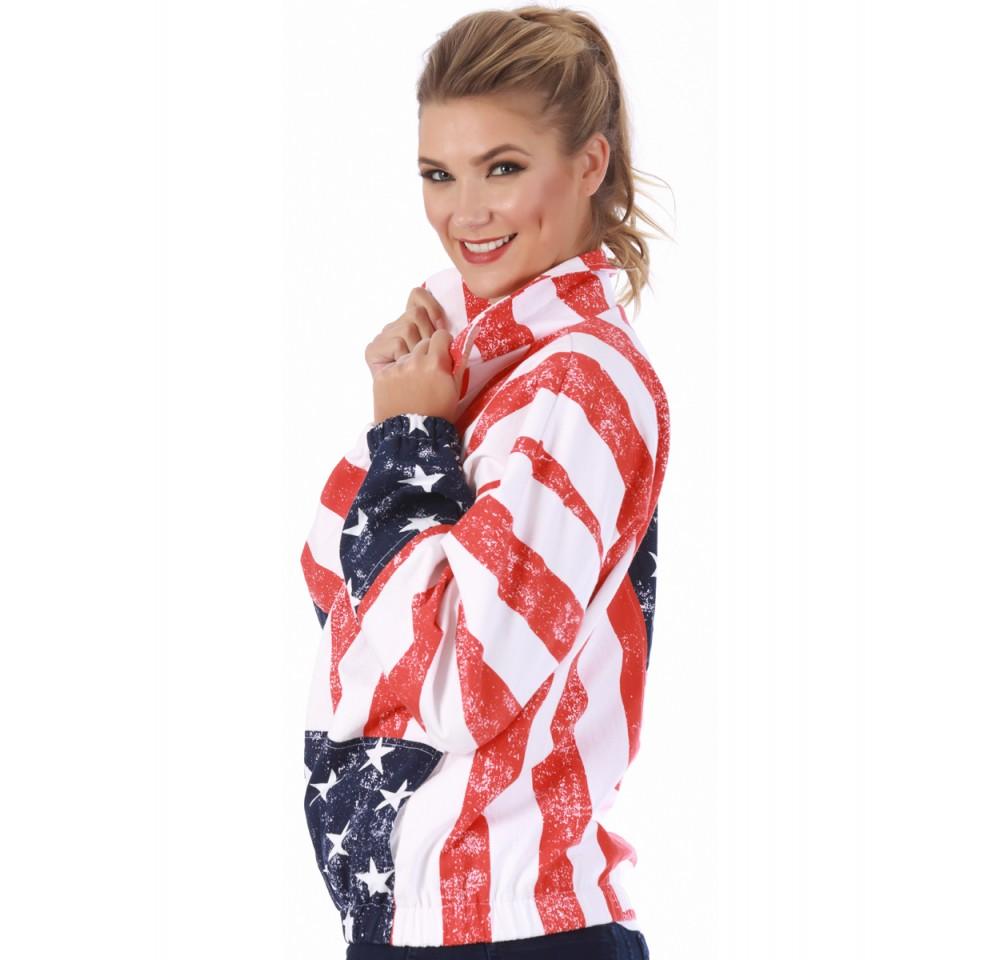 American Flag Print Unisex Zip-Up Jacket featuring stars and stripes design, full zipper, and elastic cuffs.