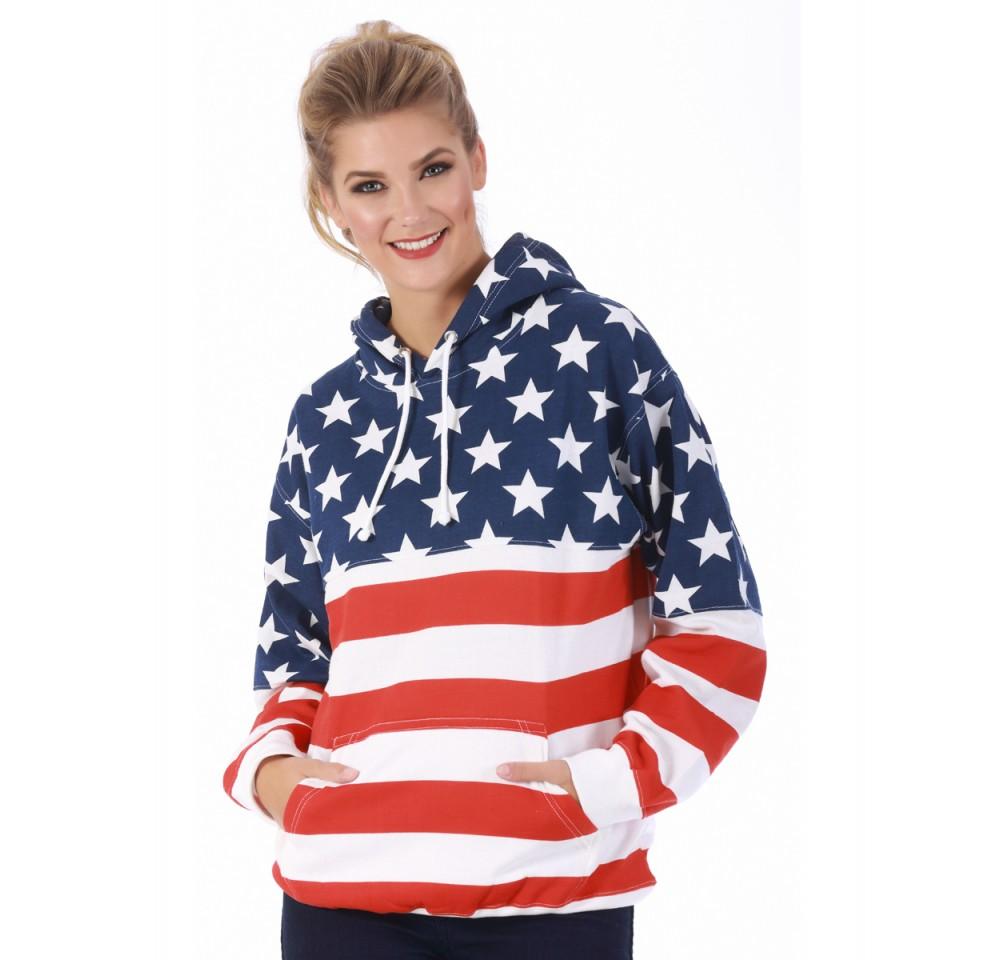 American Flag Unisex Pullover Hoodie featuring a patriotic print, front pockets, and drawstring hood, perfect for casual wear.