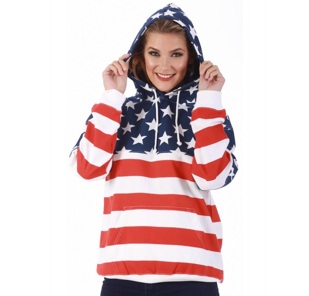 American Flag Unisex Pullover Hoodie featuring a patriotic print, front pockets, and drawstring hood, perfect for casual wear.