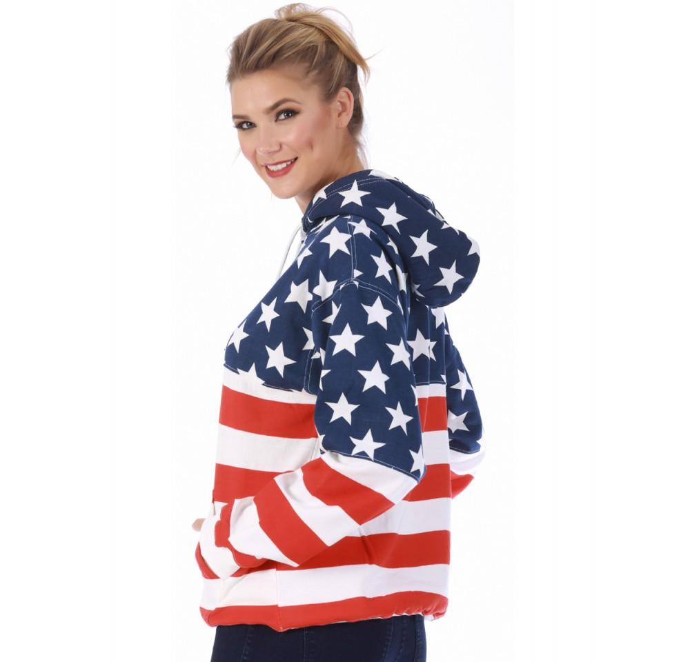 American Flag Unisex Pullover Hoodie featuring a patriotic print, front pockets, and drawstring hood, perfect for casual wear.