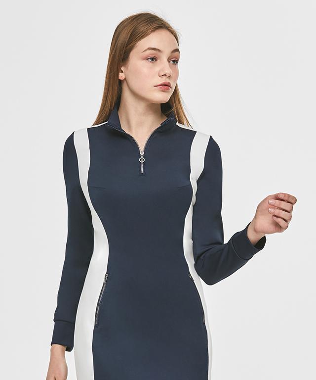 Ami Essential One-Piece dress featuring a slender incision-line design and zipper side pockets, perfect for stylish comfort.