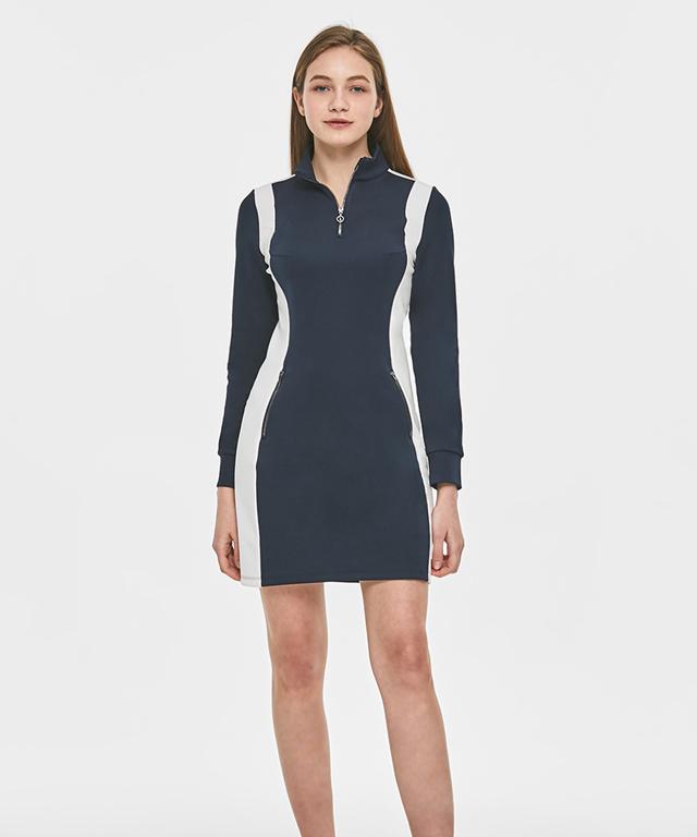 Ami Essential One-Piece dress featuring a slender incision-line design and zipper side pockets, perfect for stylish comfort.