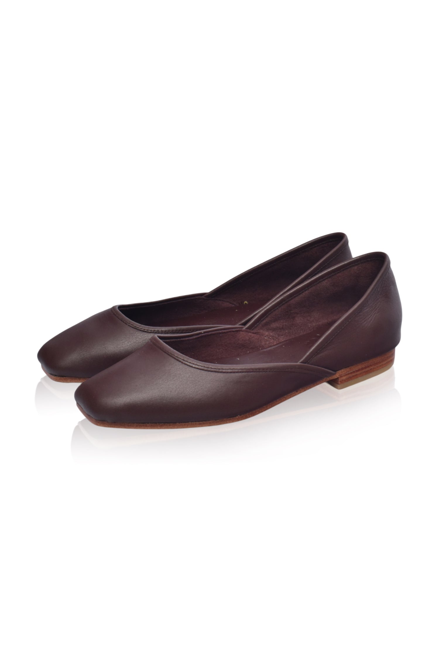 Amore Square Toe Ballet Flats in genuine leather, featuring a chic square toe design and a lightly padded footbed for comfort.