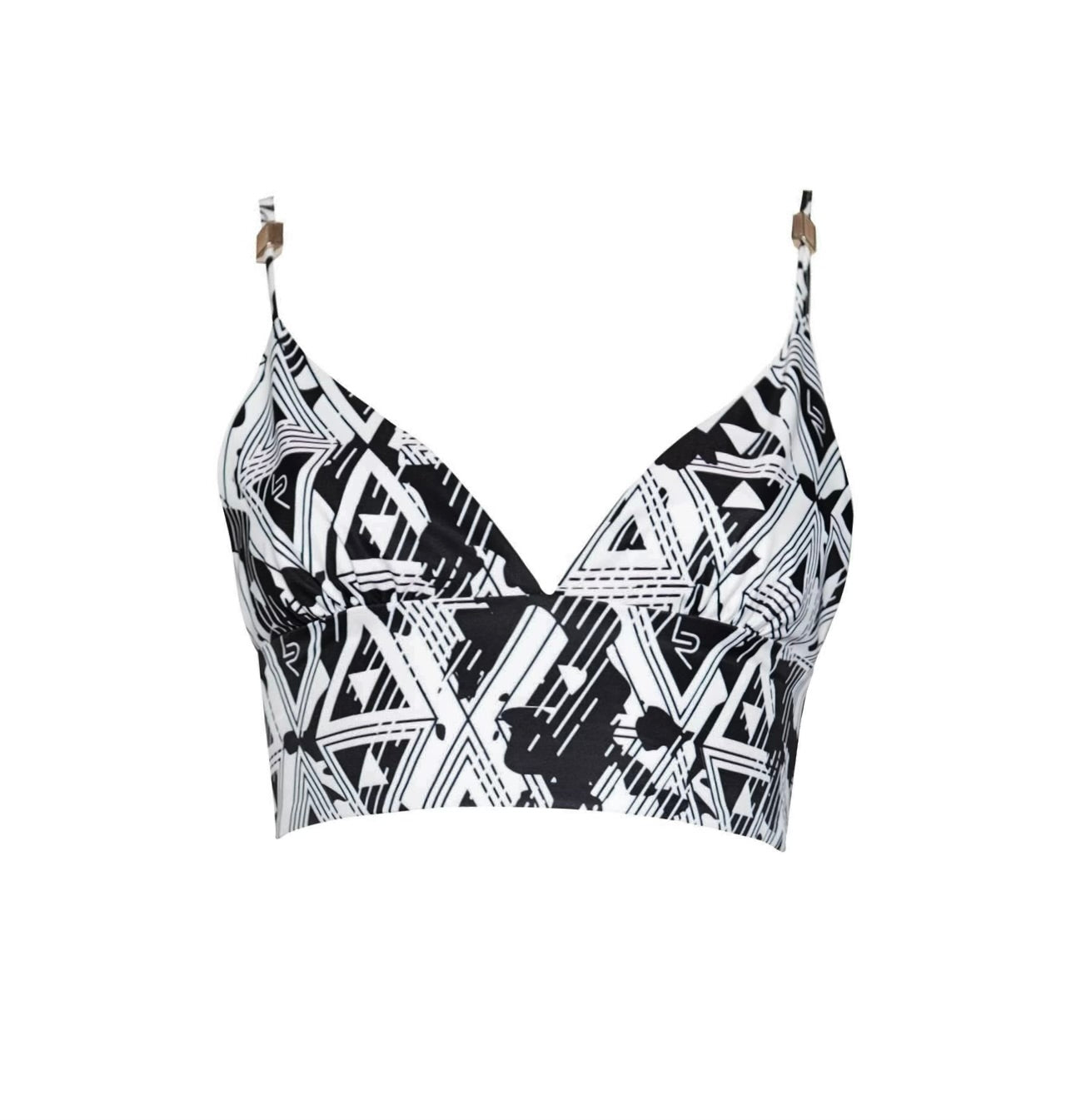 Amour Geometric Crop Top featuring a unique geometric pattern inspired by a child's drawing, made from 100% polyester.