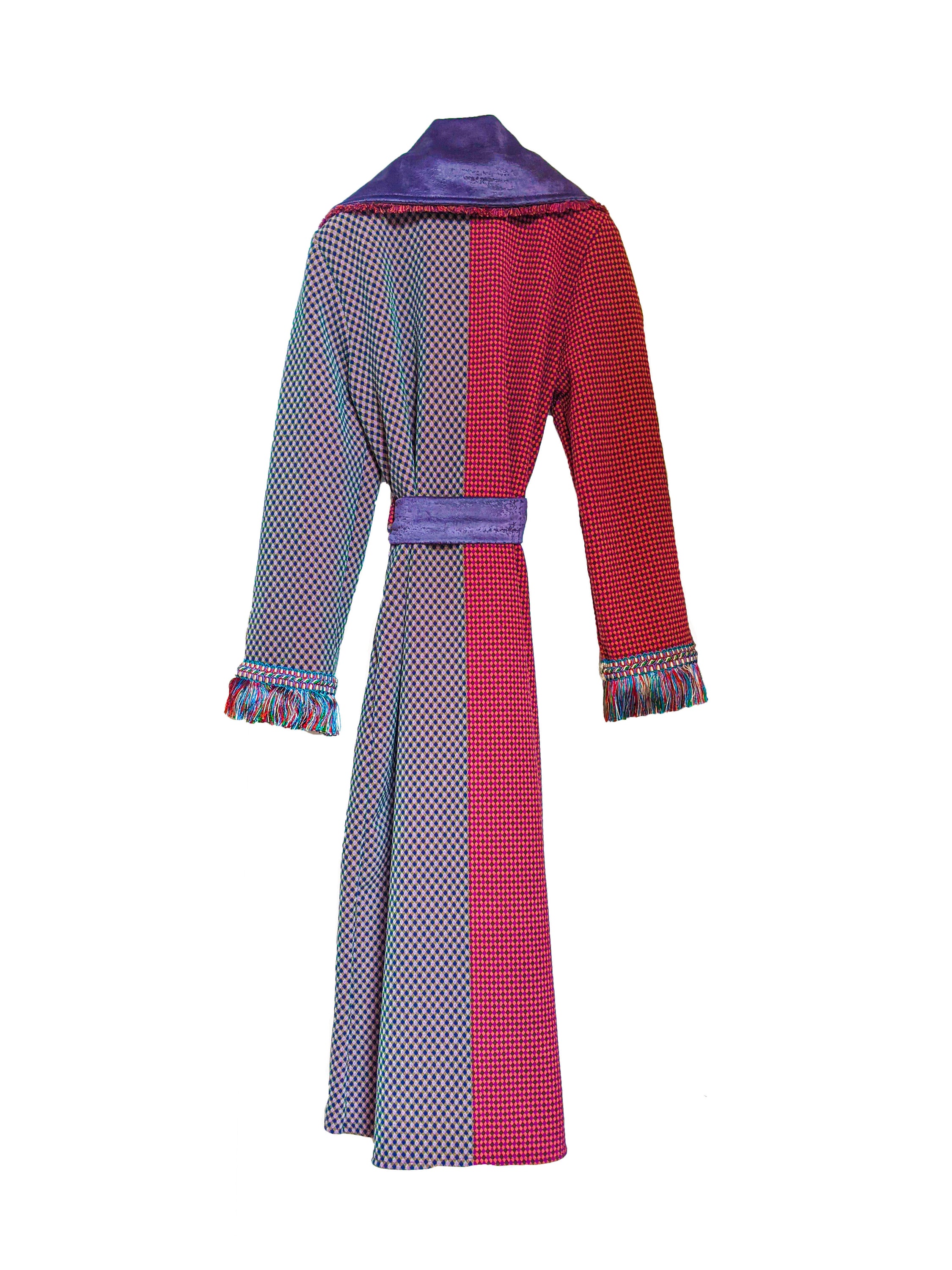 AMYZON half and half coat featuring fringes, grape tone velvet collar, and front pockets.