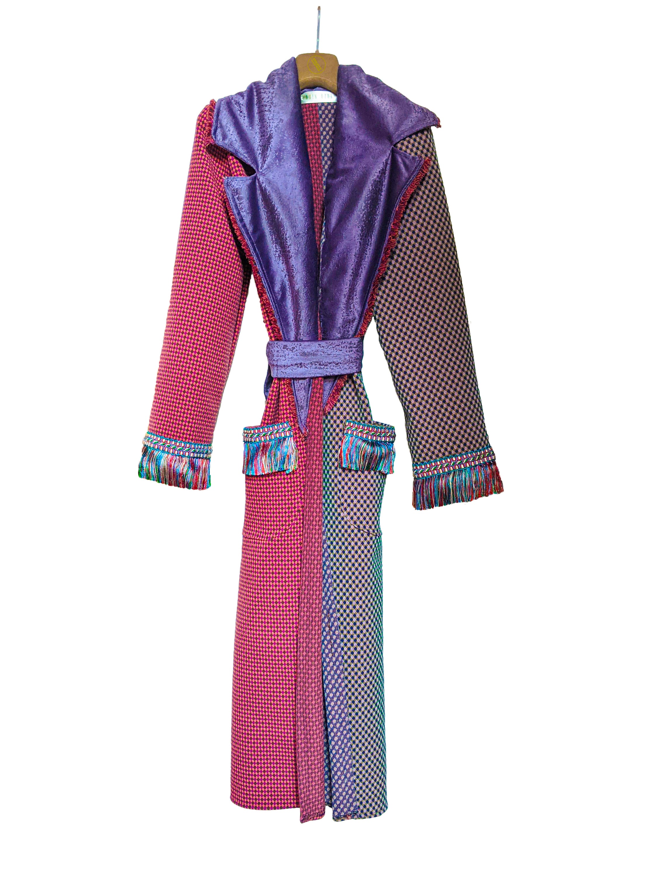 AMYZON half and half coat featuring fringes, grape tone velvet collar, and front pockets.