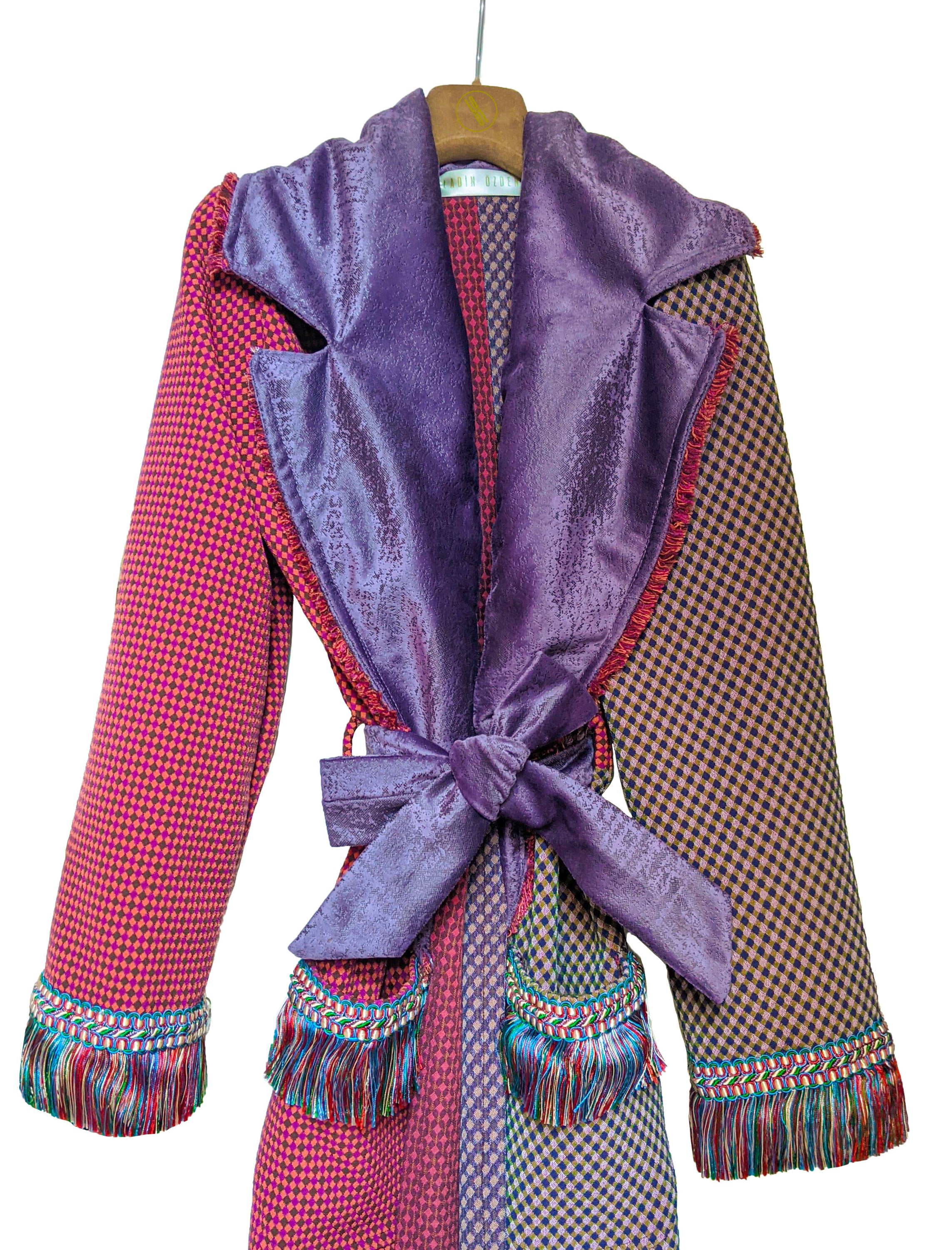 AMYZON half and half coat featuring fringes, grape tone velvet collar, and front pockets.