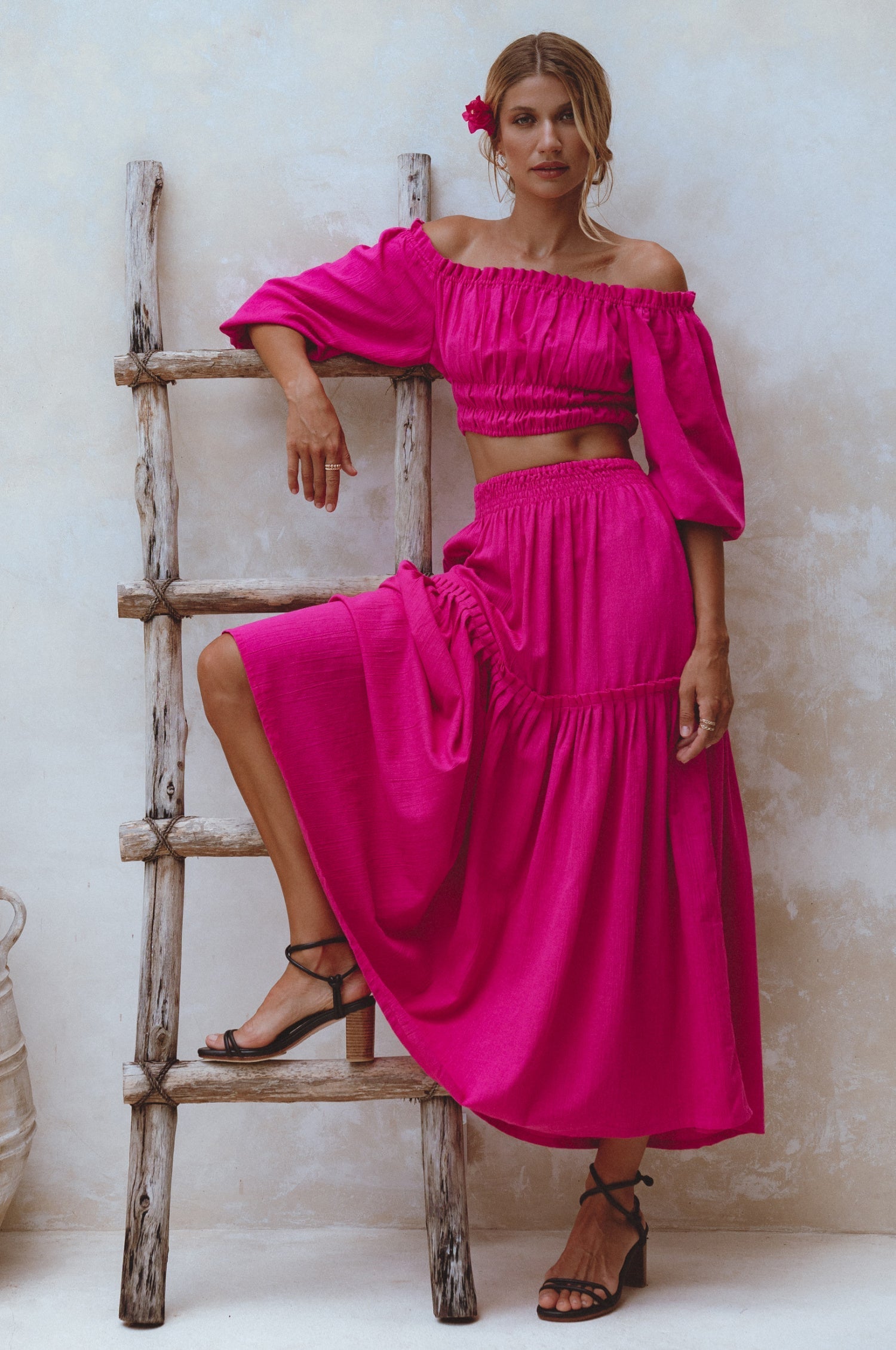 Annabelle Boho Linen Maxi Skirt featuring a high-waist design and floaty silhouette, crafted from organic crinkle linen, perfect for coastal getaways.