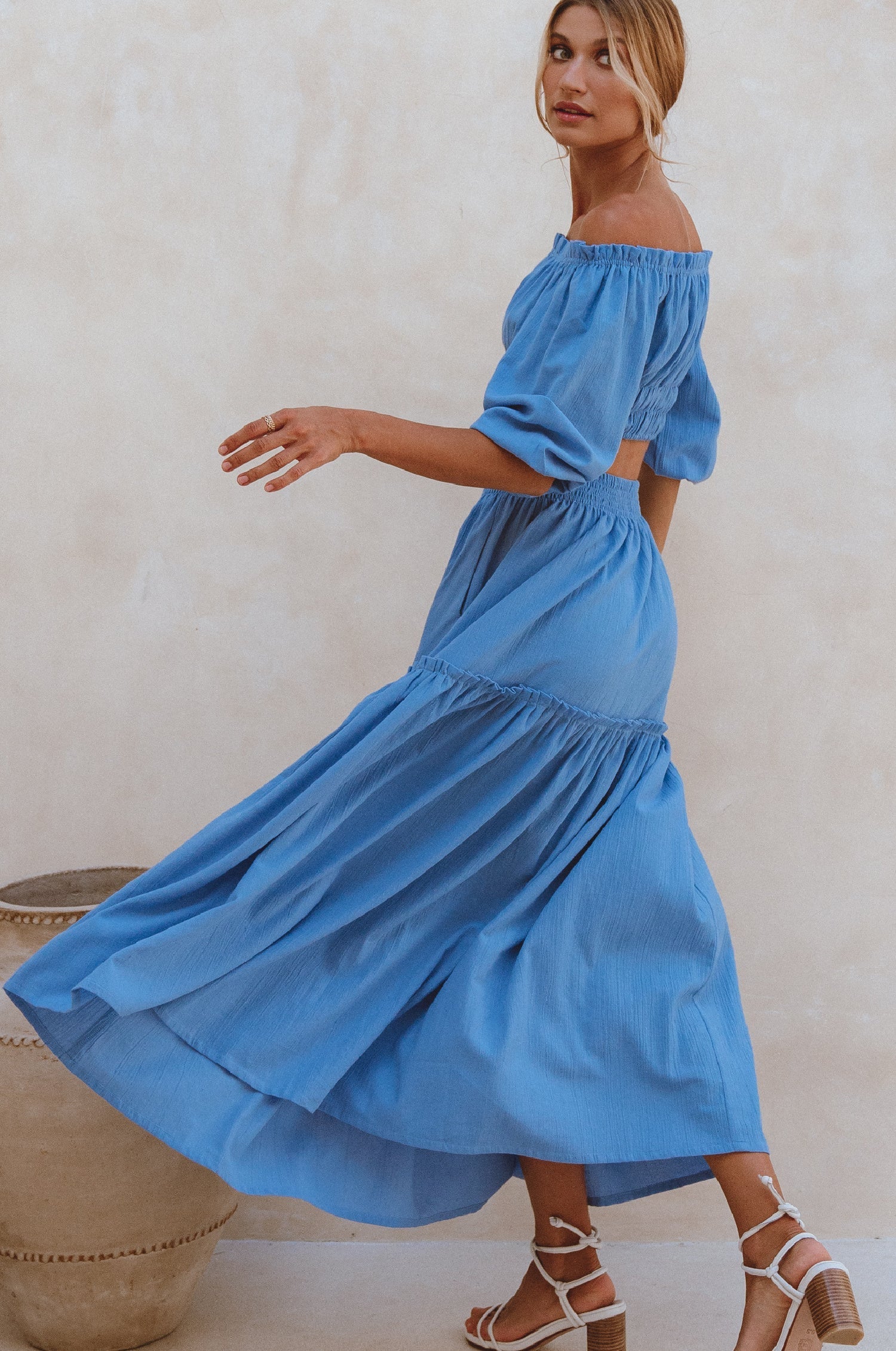 Annabelle Boho Linen Maxi Skirt featuring a high-waist design and floaty silhouette, crafted from organic crinkle linen, perfect for coastal getaways.