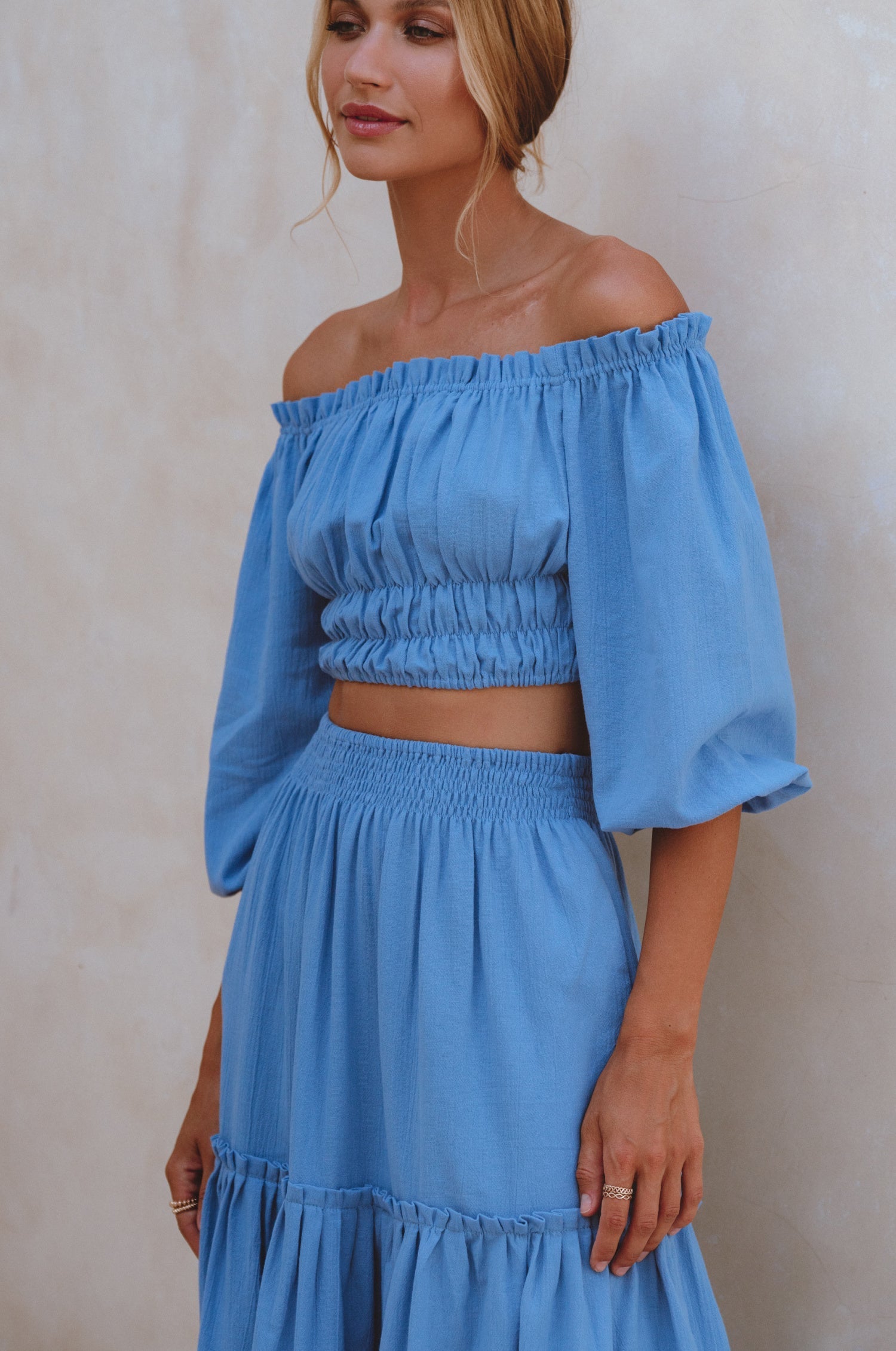 Annabelle Boho Linen Maxi Skirt featuring a high-waist design and floaty silhouette, crafted from organic crinkle linen, perfect for coastal getaways.