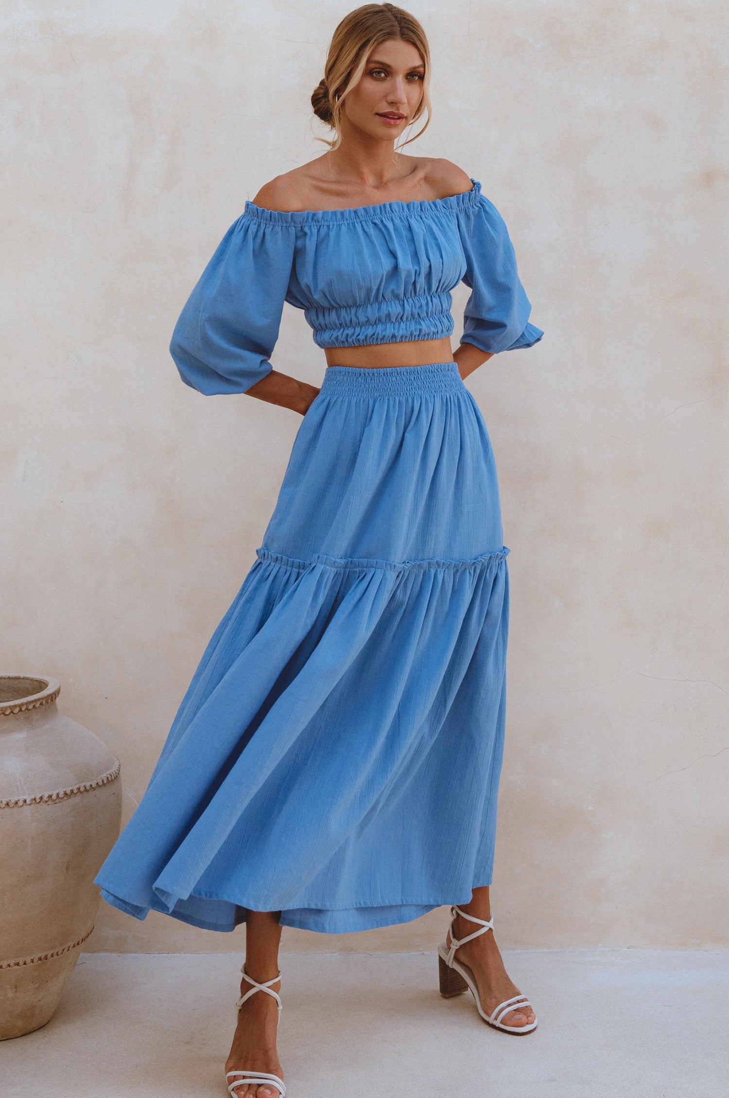 Annabelle Boho Linen Maxi Skirt featuring a high-waist design and floaty silhouette, crafted from organic crinkle linen, perfect for coastal getaways.