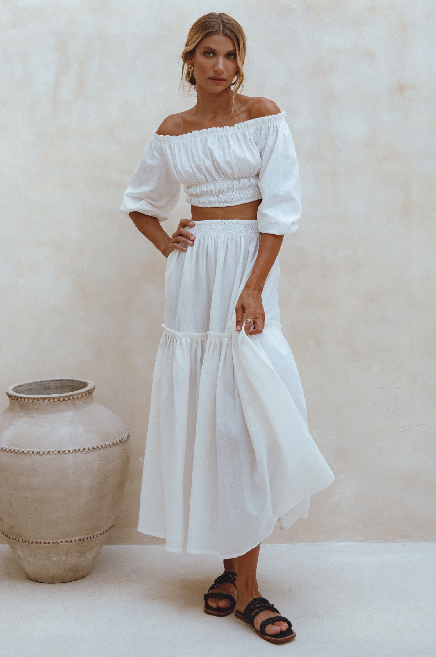 Annabelle Boho Linen Maxi Skirt featuring a high-waist design and floaty silhouette, crafted from organic crinkle linen, perfect for coastal getaways.