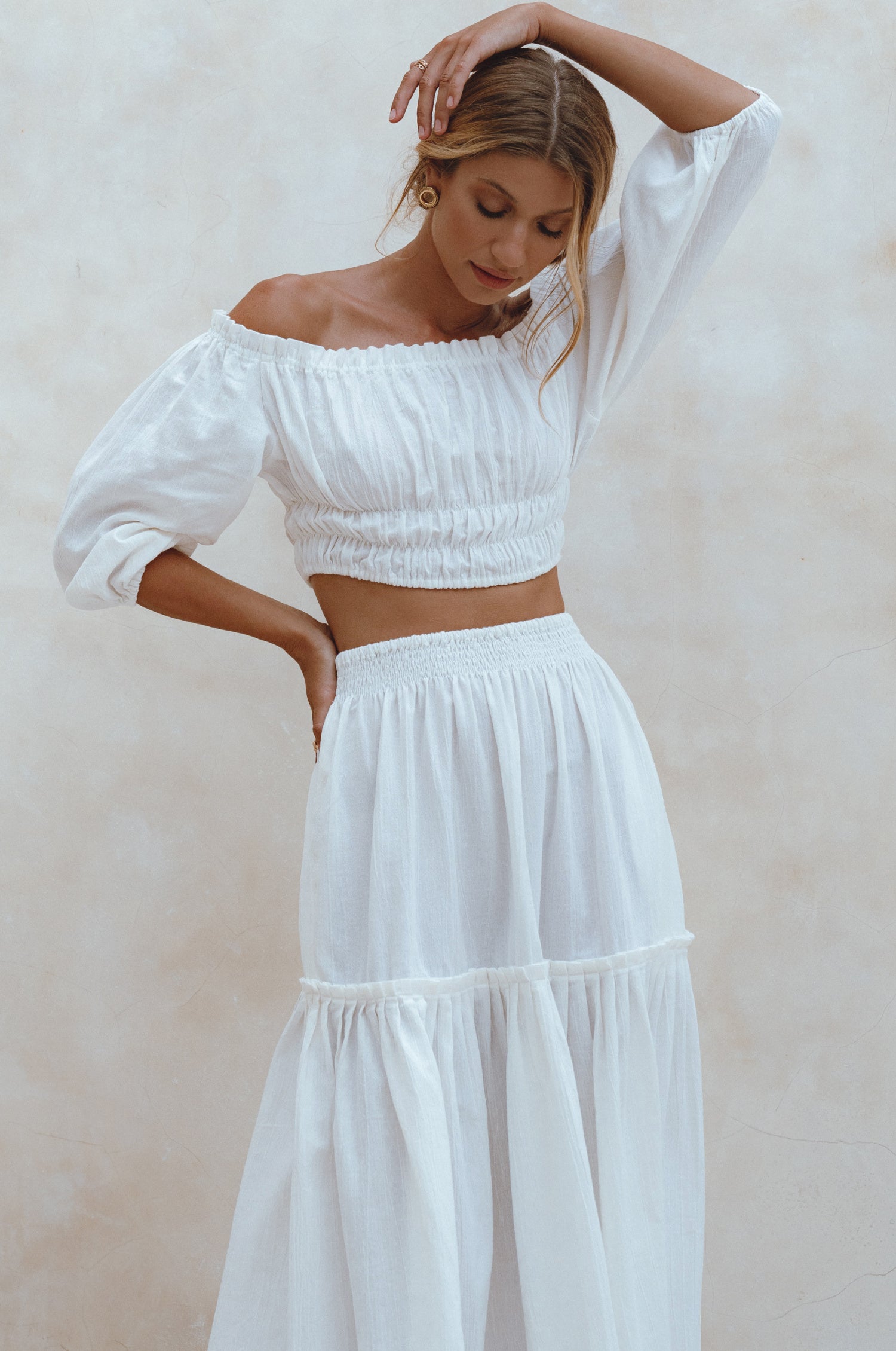 Annabelle Boho Linen Maxi Skirt featuring a high-waist design and floaty silhouette, crafted from organic crinkle linen, perfect for coastal getaways.