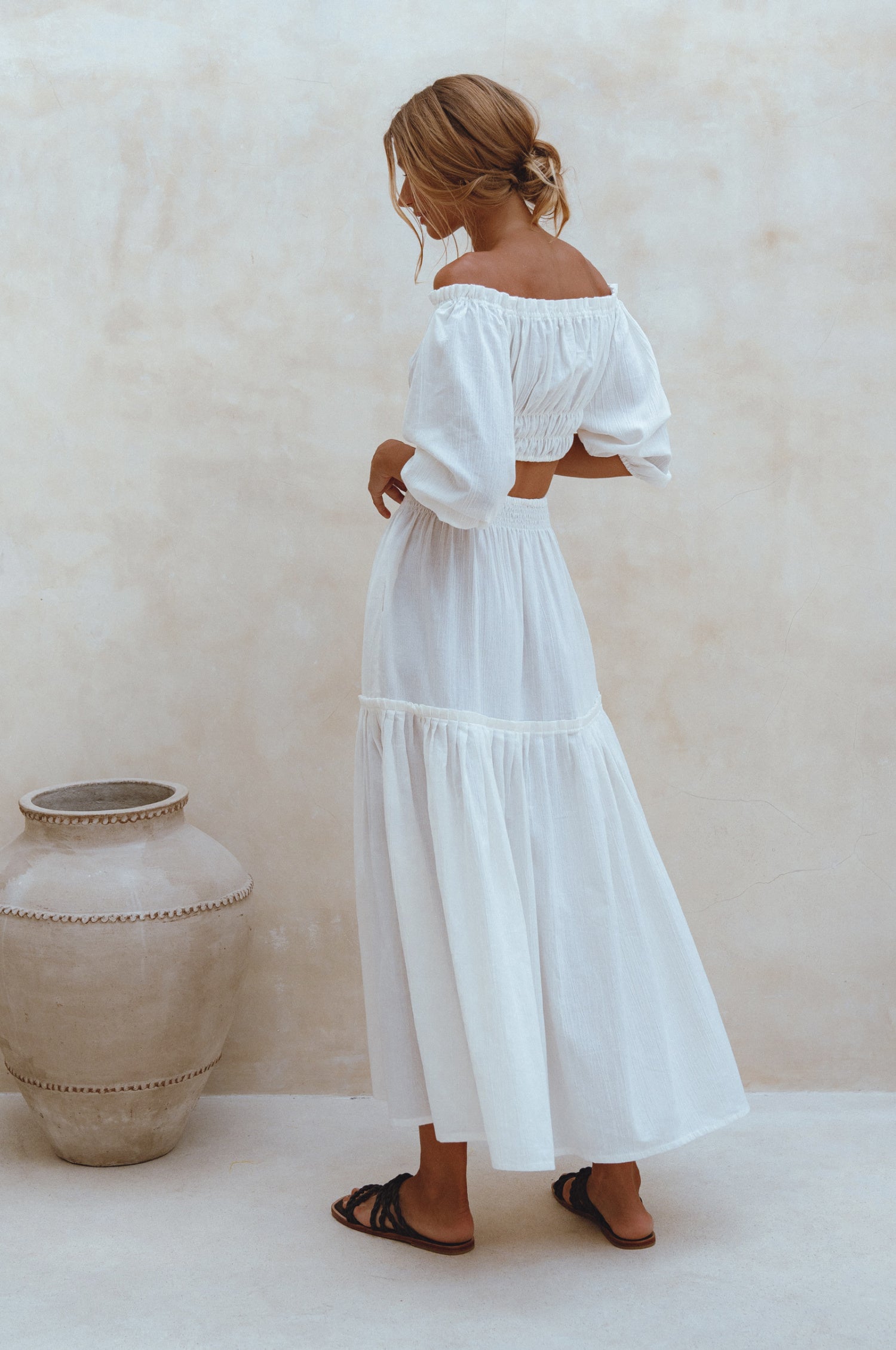 Annabelle Boho Linen Maxi Skirt featuring a high-waist design and floaty silhouette, crafted from organic crinkle linen, perfect for coastal getaways.