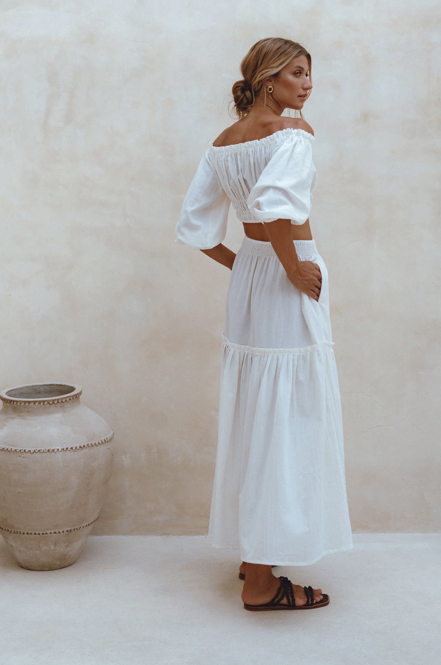 Annabelle Boho Linen Maxi Skirt featuring a high-waist design and floaty silhouette, crafted from organic crinkle linen, perfect for coastal getaways.