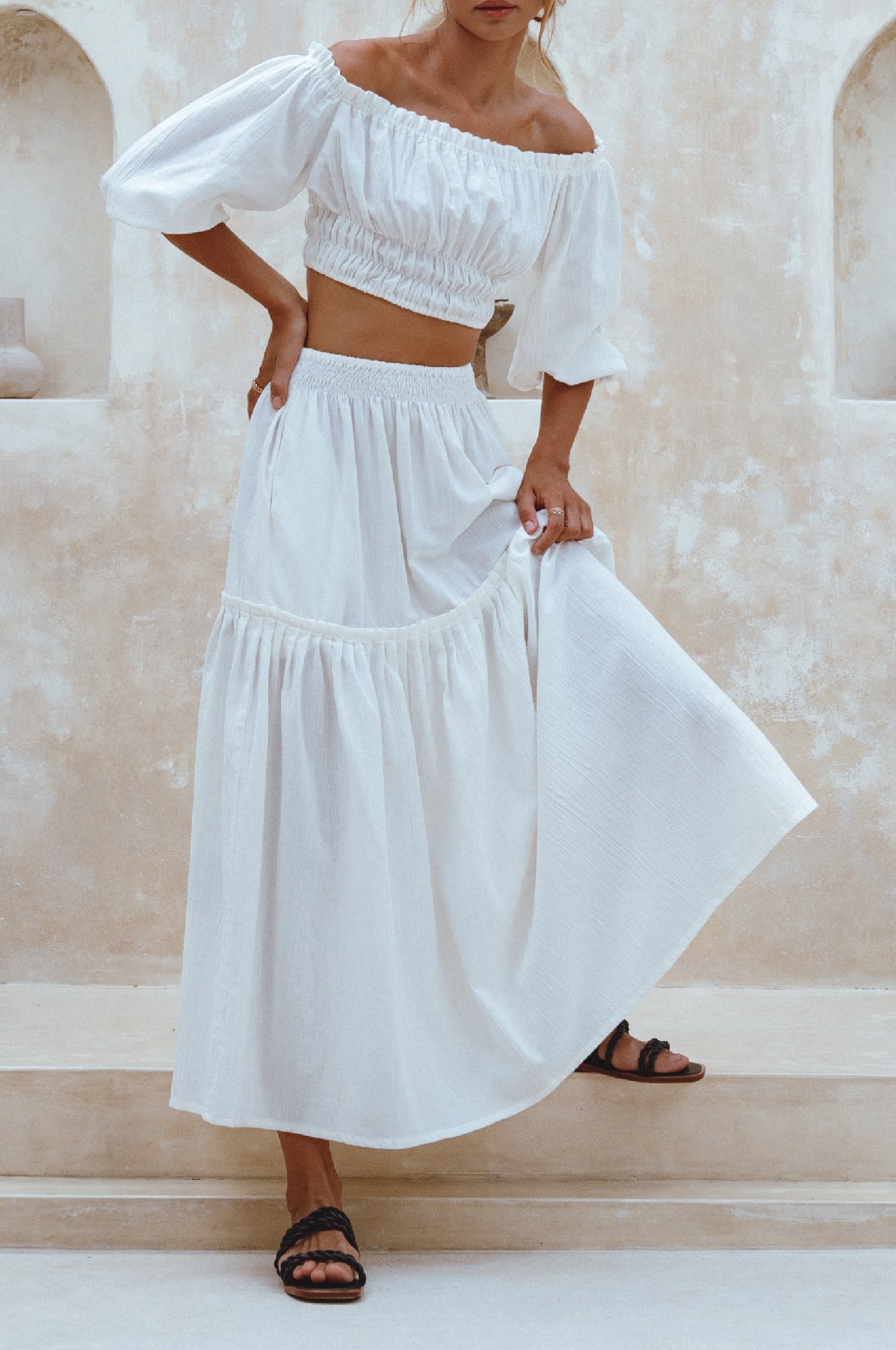 Annabelle Boho Linen Maxi Skirt featuring a high-waist design and floaty silhouette, crafted from organic crinkle linen, perfect for coastal getaways.