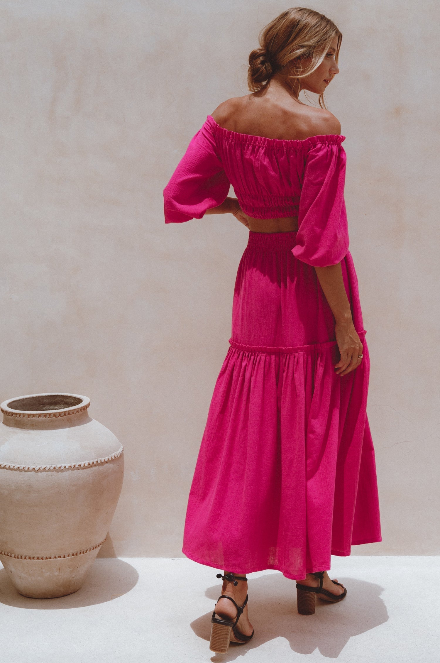 Annabelle Boho Linen Maxi Skirt featuring a high-waist design and floaty silhouette, crafted from organic crinkle linen, perfect for coastal getaways.