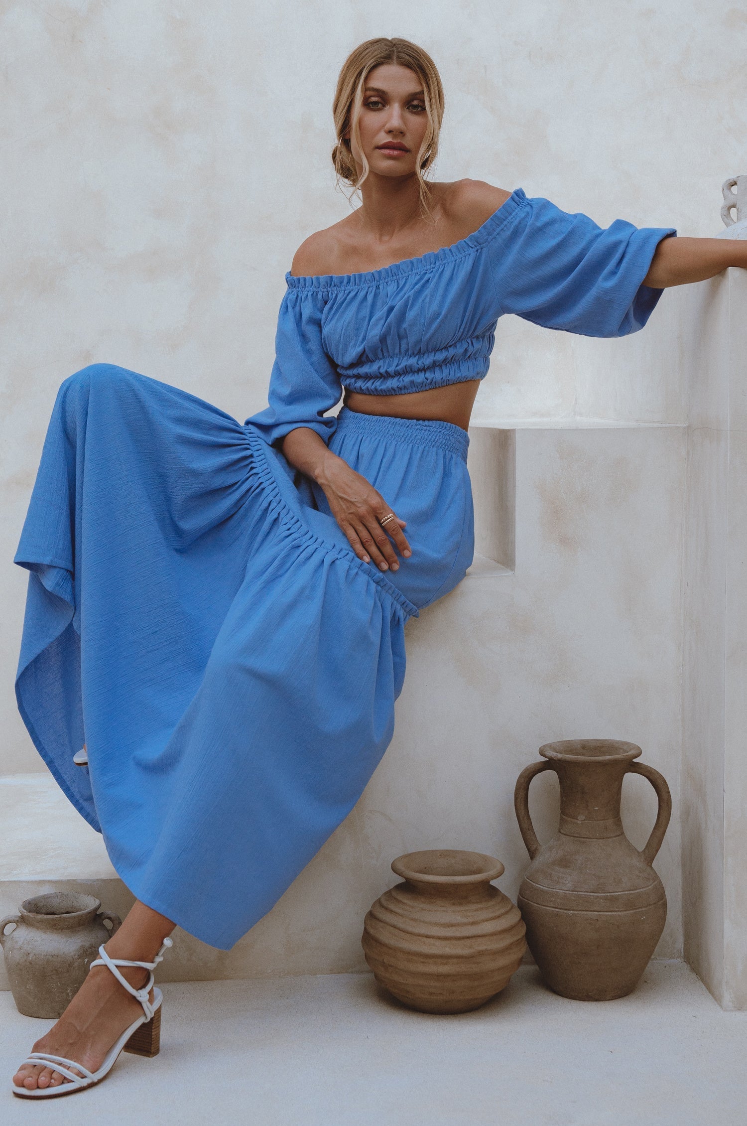 Annabelle Boho Linen Maxi Skirt featuring a high-waist design and floaty silhouette, crafted from organic crinkle linen, perfect for coastal getaways.