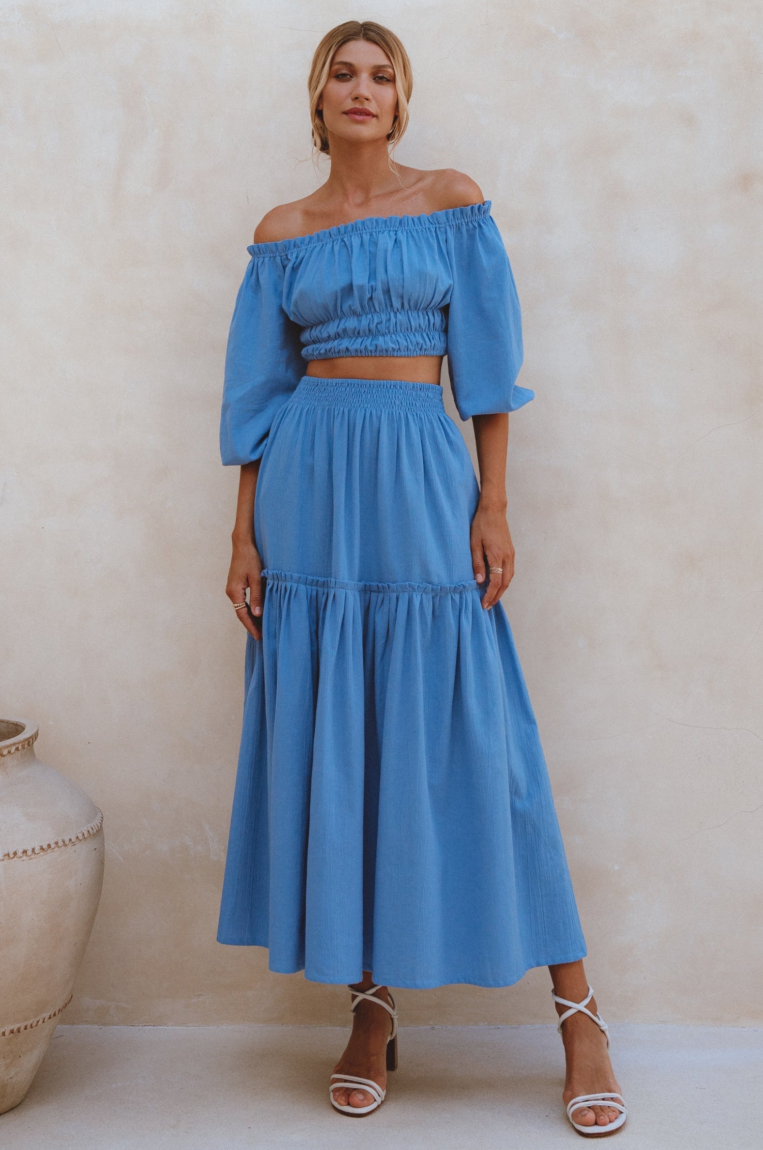 Annabelle Boho Linen Maxi Skirt featuring a high-waist design and floaty silhouette, crafted from organic crinkle linen, perfect for coastal getaways.