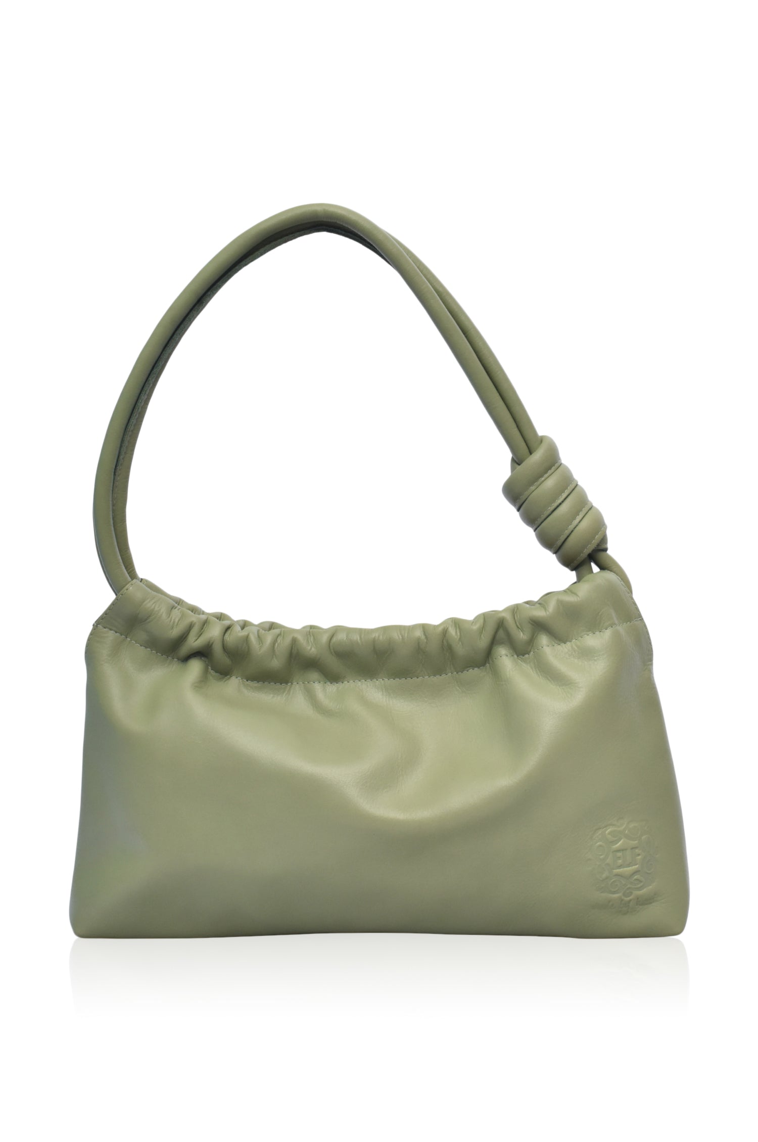 Anastasia Ruched Mini Bag in genuine leather with ruched detailing and knot straps, showcasing its elegant design.