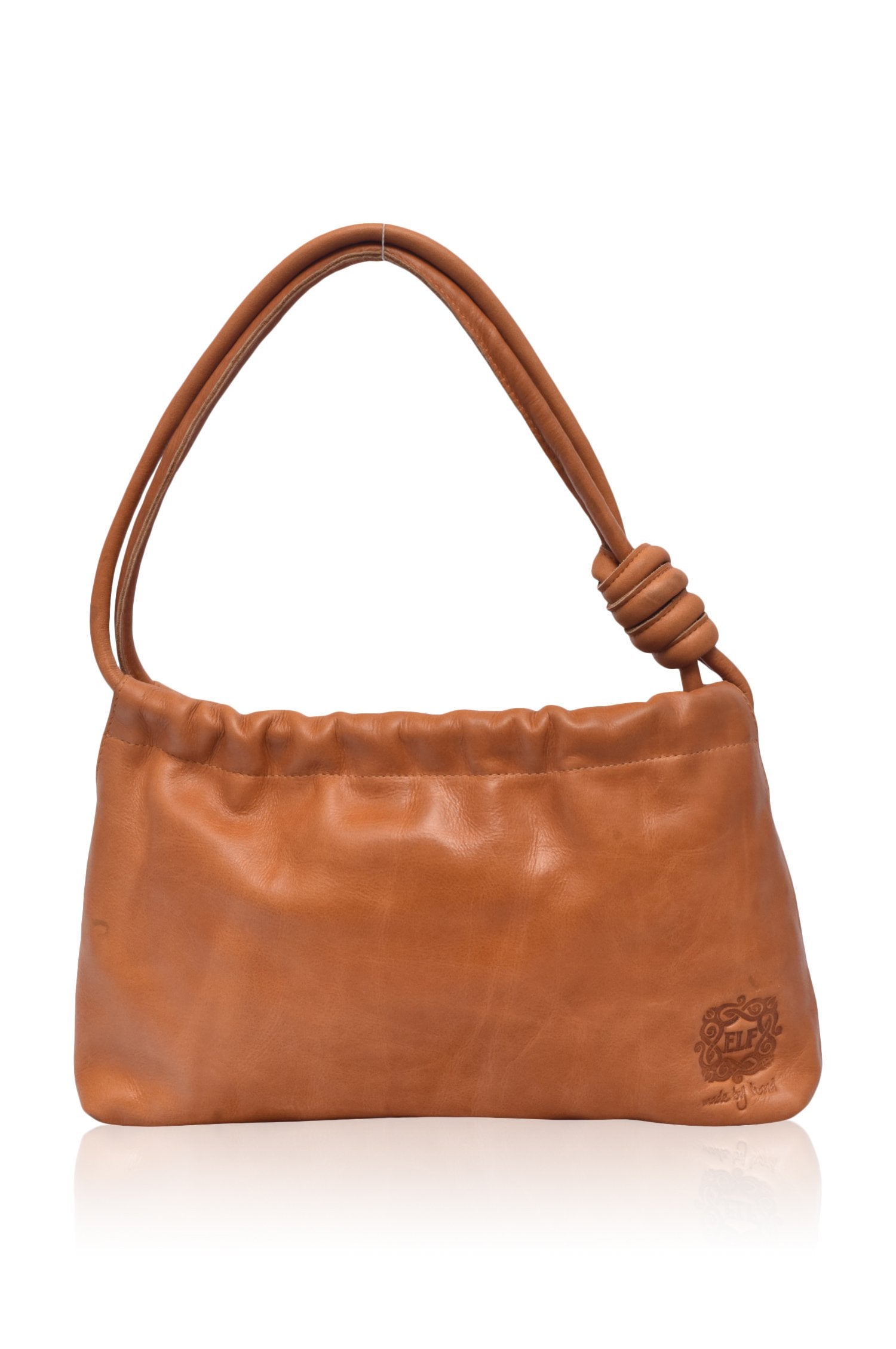 Anastasia Ruched Mini Bag in genuine leather with ruched detailing and knot straps, showcasing its elegant design.