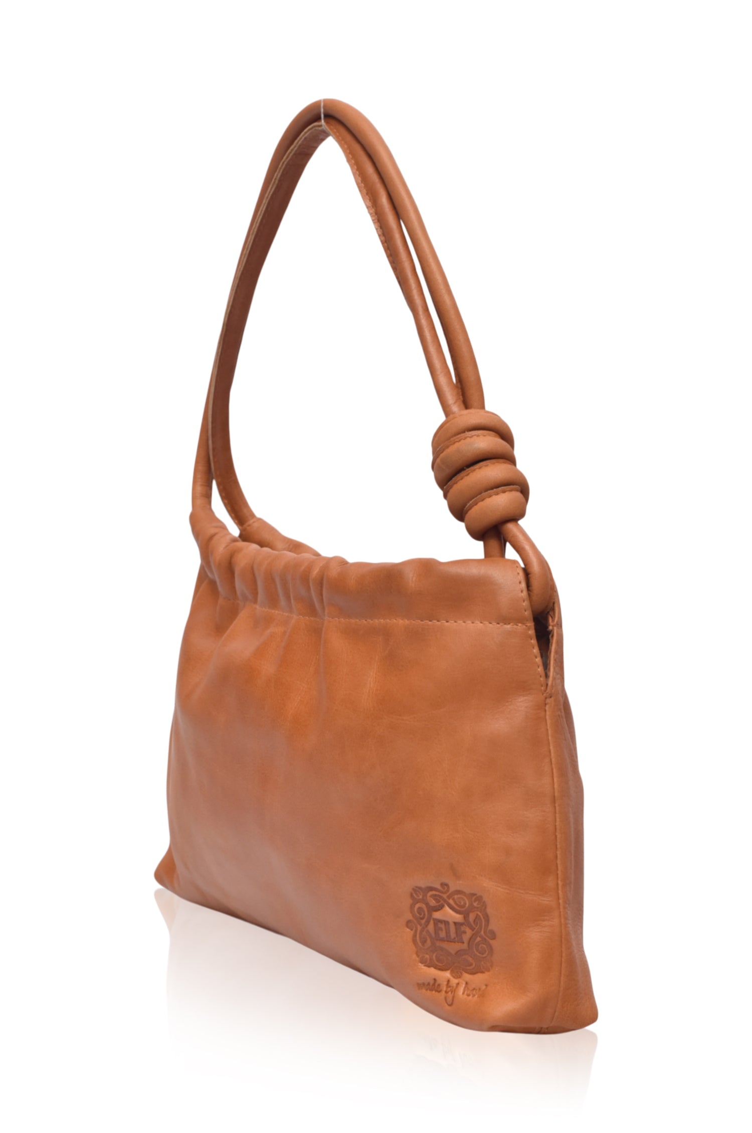 Anastasia Ruched Mini Bag in genuine leather with ruched detailing and knot straps, showcasing its elegant design.