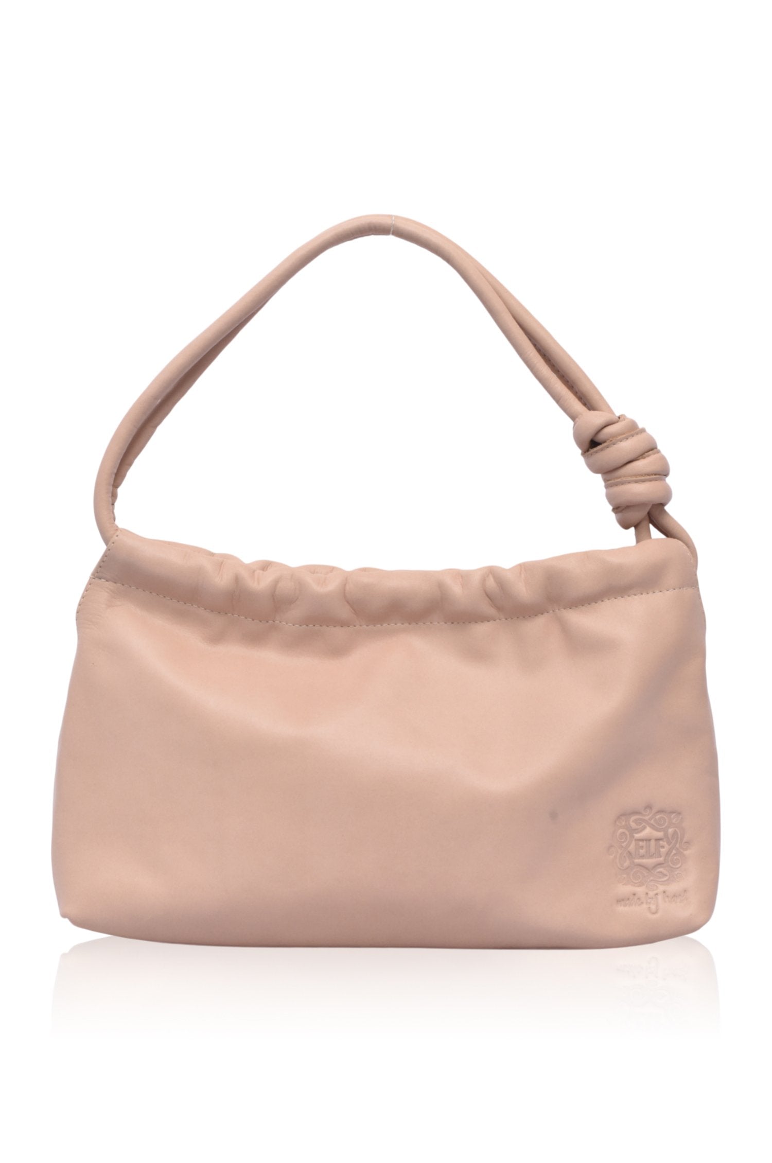 Anastasia Ruched Mini Bag in genuine leather with ruched detailing and knot straps, showcasing its elegant design.