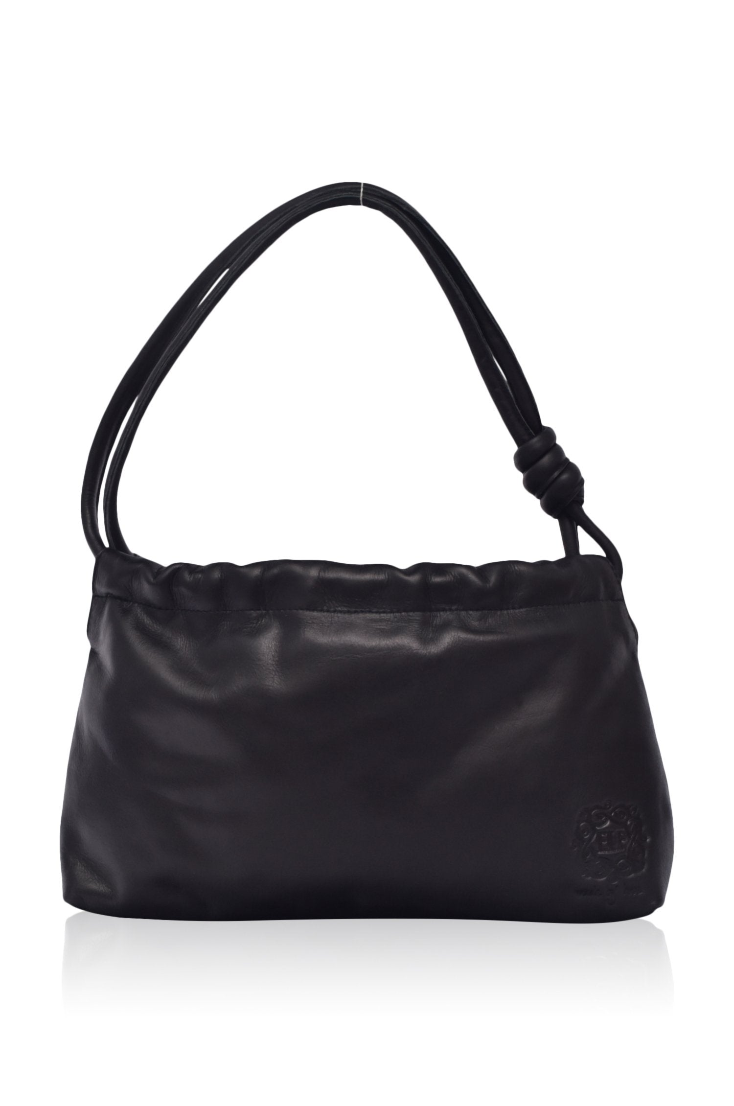 Anastasia Ruched Mini Bag in genuine leather with ruched detailing and knot straps, showcasing its elegant design.