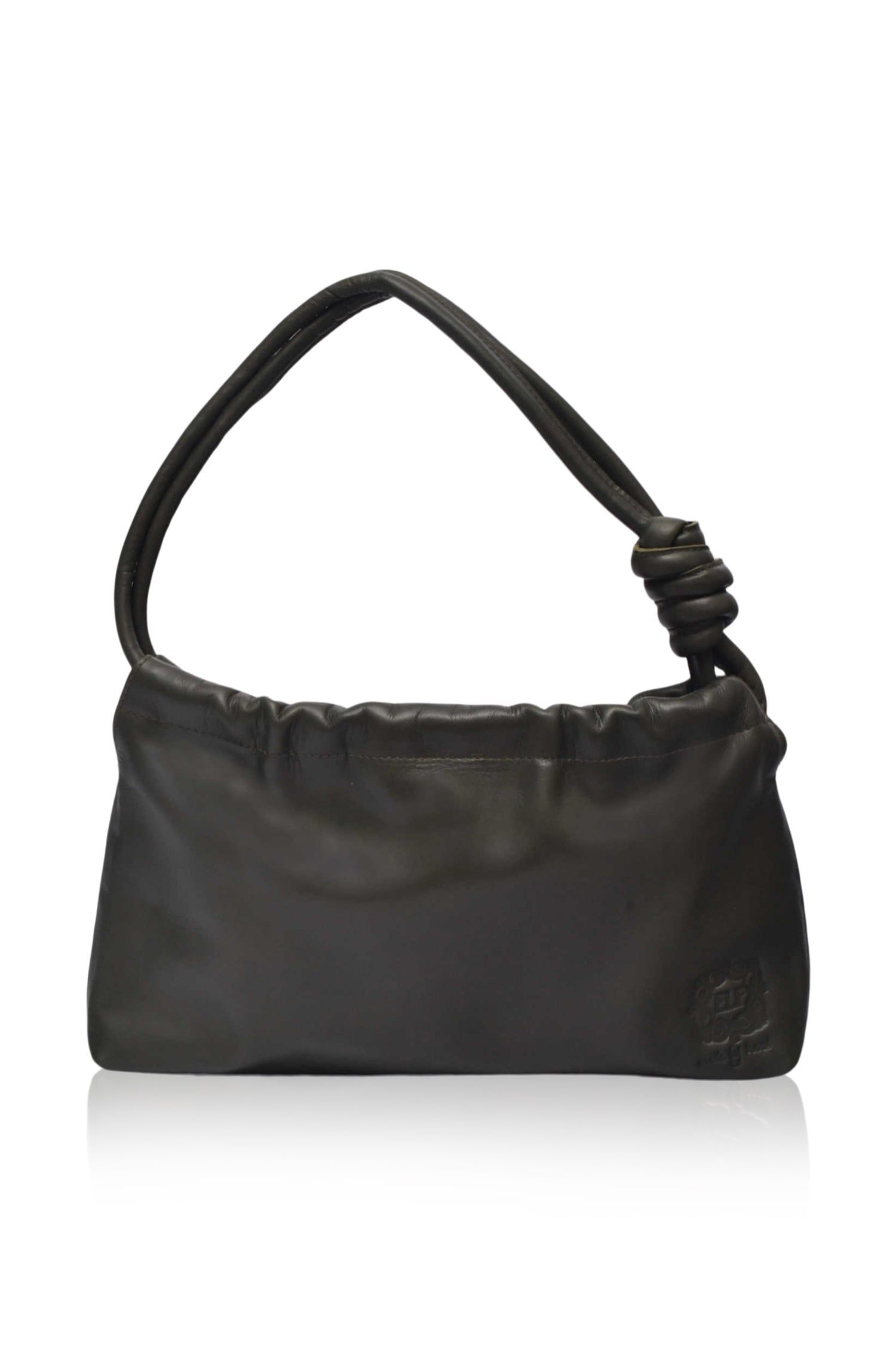 Anastasia Ruched Mini Bag in genuine leather with ruched detailing and knot straps, showcasing its elegant design.