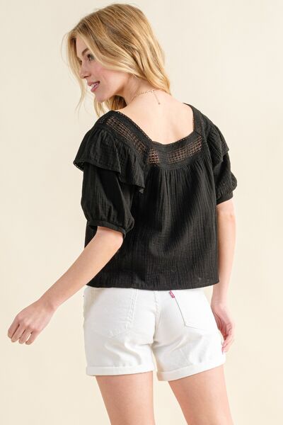 A stylish square neck cotton gauze blouse with ruffles, showcasing a feminine design in a light fabric, perfect for warm weather.