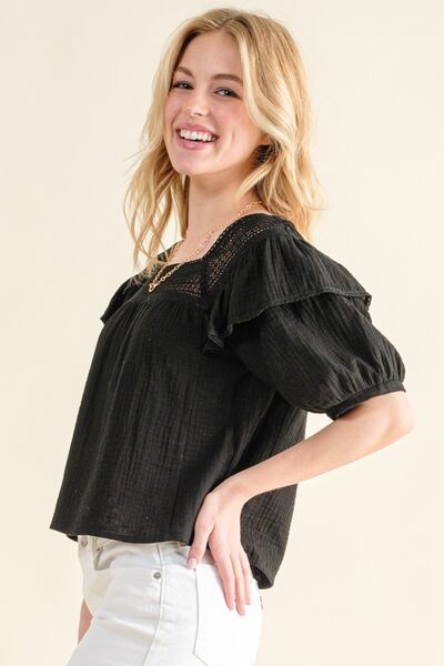 A stylish square neck cotton gauze blouse with ruffles, showcasing a feminine design in a light fabric, perfect for warm weather.