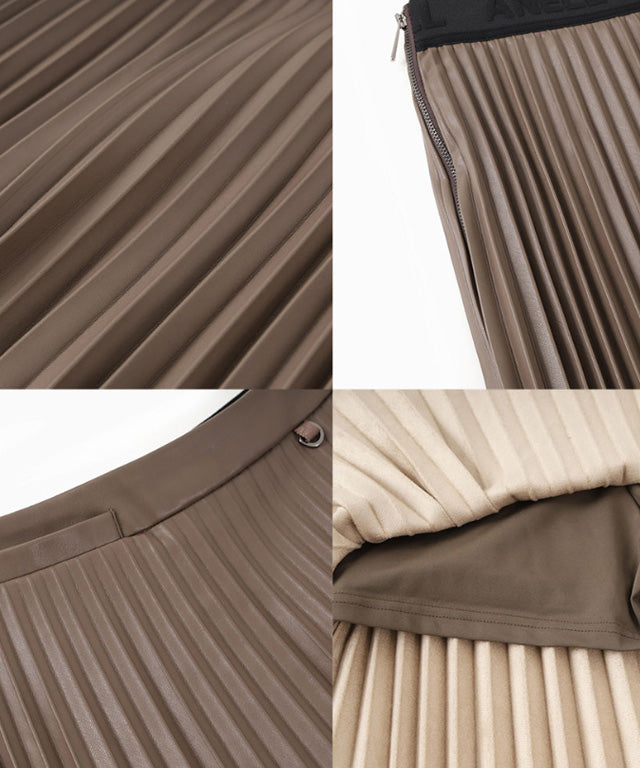 Anell Golf Bold Pleated Skirt in Brown, showcasing luxurious suede-combined leather with abundant pleats and a stylish design.