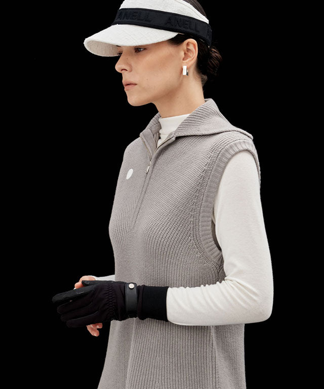 Anell Golf Classic Collar Knit Vest in Pure Gray, featuring an oversized collar and slim fit design, perfect for autumn golf outings.