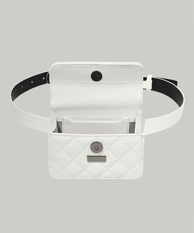 Anell Golf Quilted Belt Bag in black, white, and beige, showcasing stylish quilted design and adjustable belt.