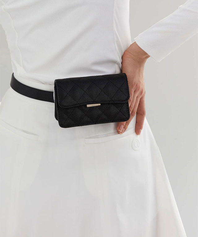 Anell Golf Quilted Belt Bag in black, white, and beige, showcasing stylish quilted design and adjustable belt.