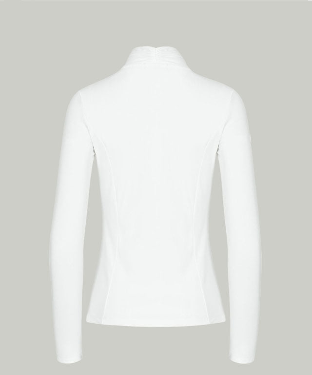 Anell Golf Soft Shawl Collar Top in White, featuring a shawl collar and V-neck design, perfect for golfers.