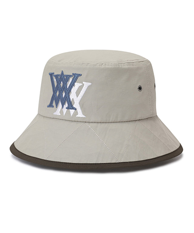 ANEW Golf Double Logo Bucket Hat featuring double logos and zigzag embroidery, with a detachable chin strap for secure fit.