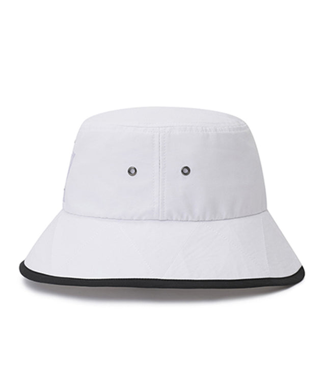 ANEW Golf Double Logo Bucket Hat featuring double logos and zigzag embroidery, with a detachable chin strap for secure fit.