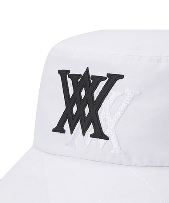 ANEW Golf Double Logo Bucket Hat featuring double logos and zigzag embroidery, with a detachable chin strap for secure fit.