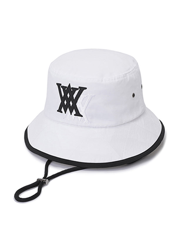 ANEW Golf Double Logo Bucket Hat featuring double logos and zigzag embroidery, with a detachable chin strap for secure fit.